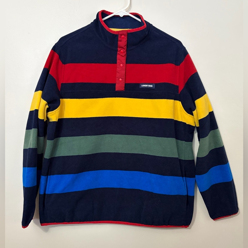Vintage Streetwear Lands' End Multicolor Rugby Striped Fleece Pullover